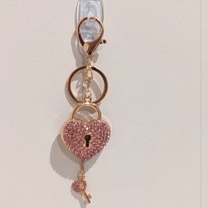 Rhinestone Bling Heart Lock Keychain Bag Charm With Key Charm, Pink Crystal, NEW